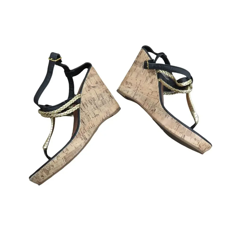 Y2k Black & Gold Braided Espadrilles Cork Wedge Size 7.5 Chunky